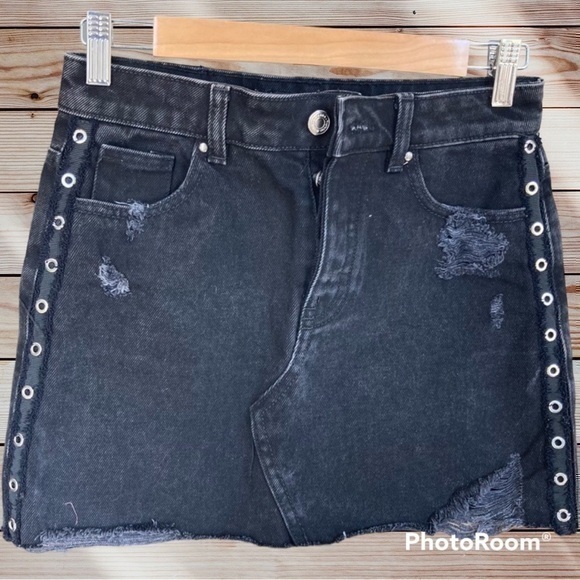 Zara Dresses & Skirts - 💋NWOT Zara Black Denim Jean Metal Eyelet Side Stripe Distressed Rip Skirt XS